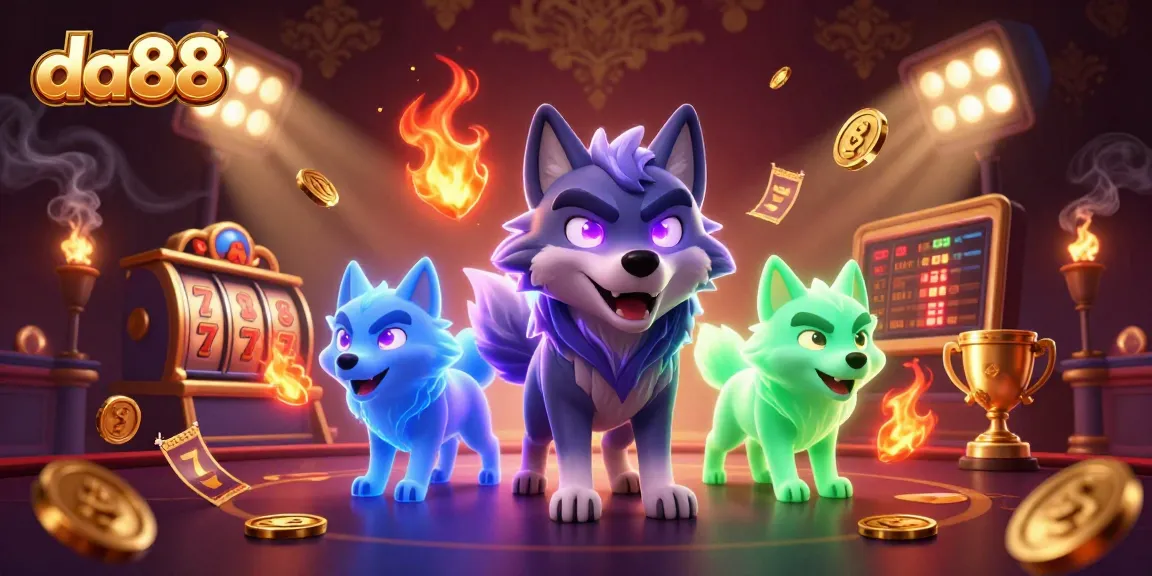 da88's vibrant casino-themed illustration showcasing a dynamic wolf pack leader in action