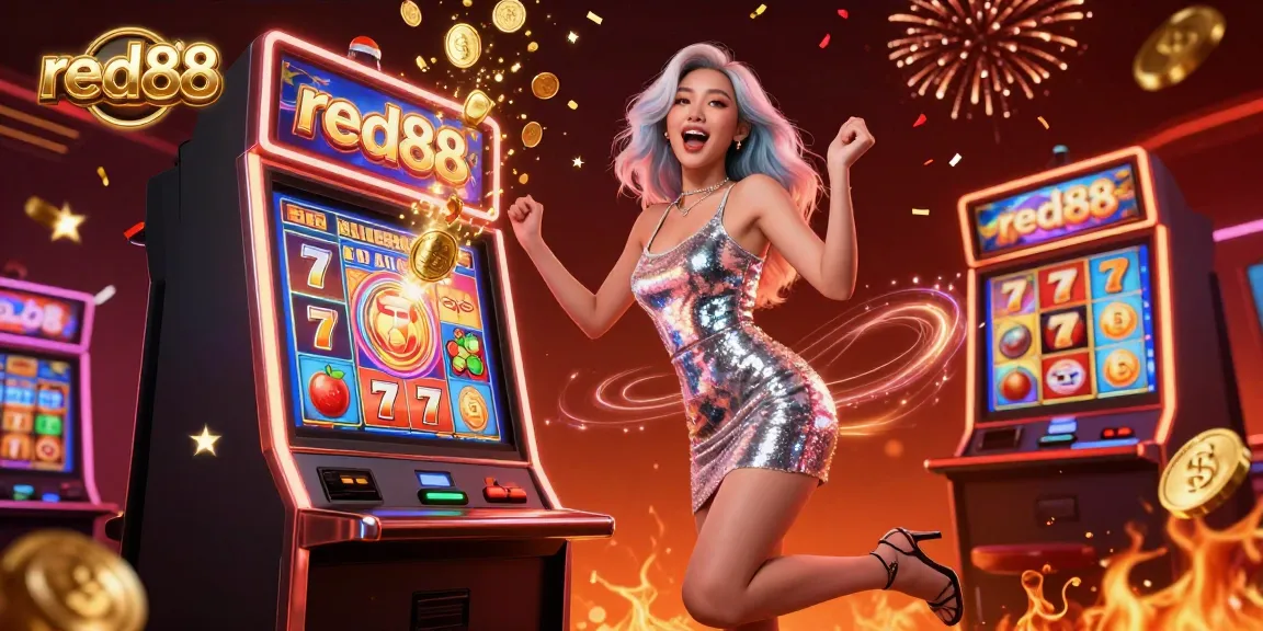 Experience winning moments at red88's vibrant casino with golden coins and slot machines.