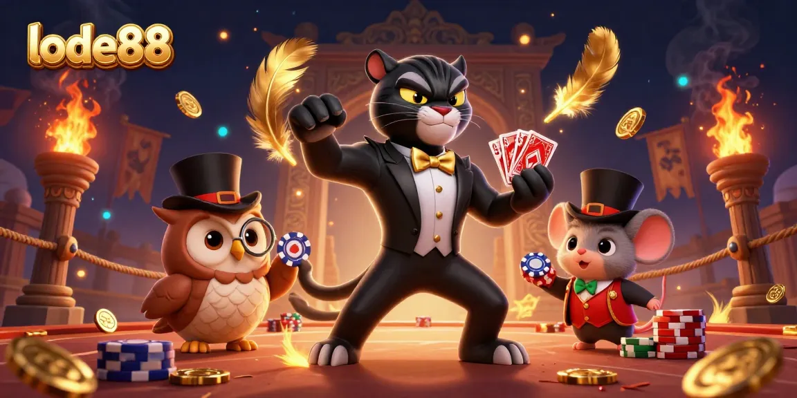 Lode88's vibrant casino scene with a panther, owl, and mouse playing cards amid gold coins and dynamic effects.