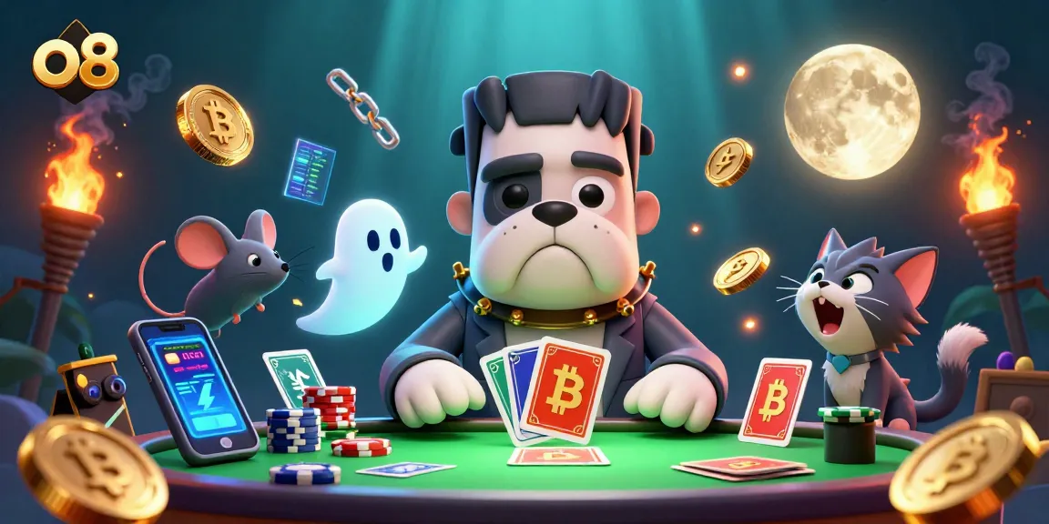 Deal cards at O8's crypto casino featuring a humorous bulldog monster, ghost mouse, and werewolf kitten.