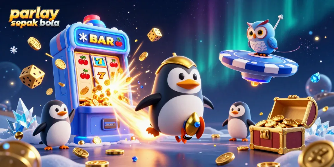Experience parlay sepak bola action with a golden penguin flying towards a poker chip casino amidst jackpots and confetti.