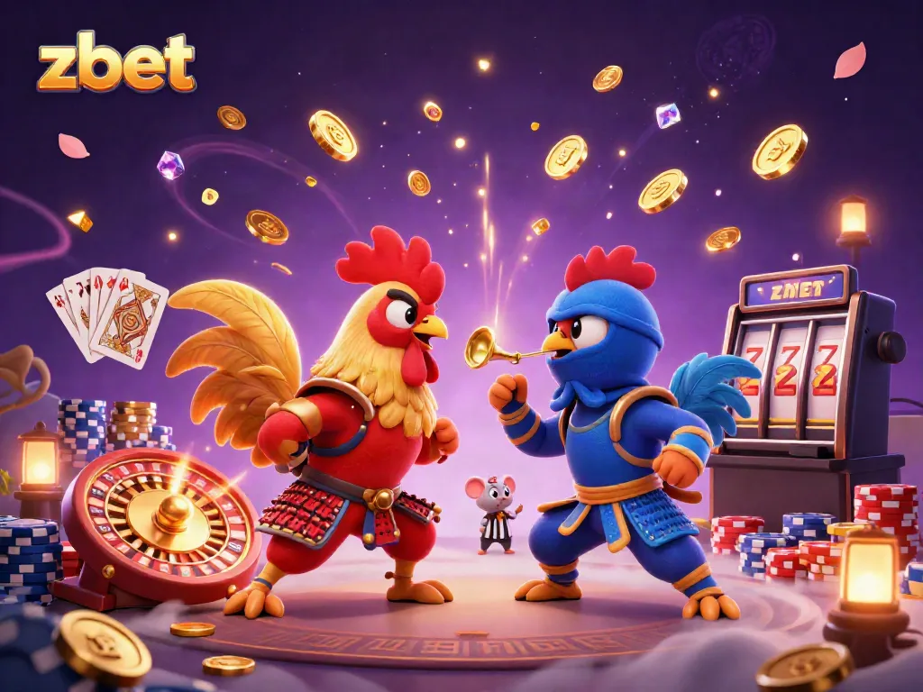 Experience the excitement at zbet with thrilling 3D illustration of epic rooster battle amidst casino elements.