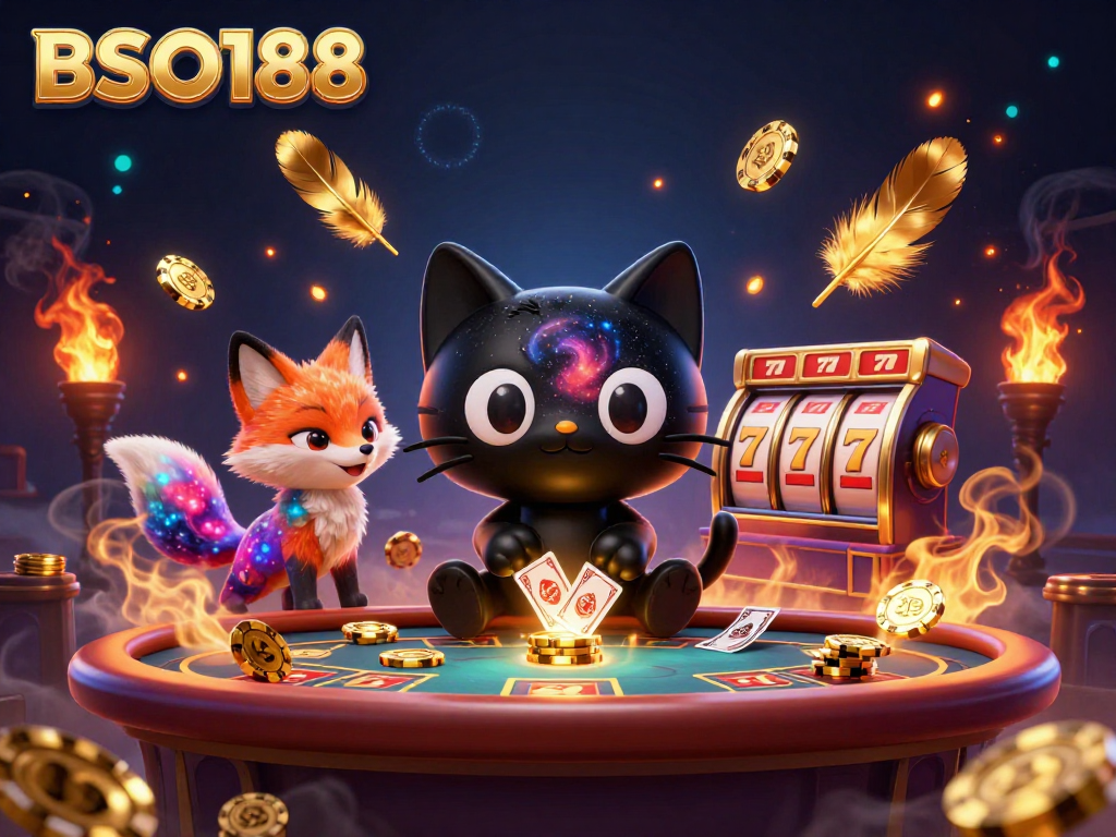 Engage with BSO188's vibrant universe as the black hole cat pulls in chips and cards at a cosmic casino.