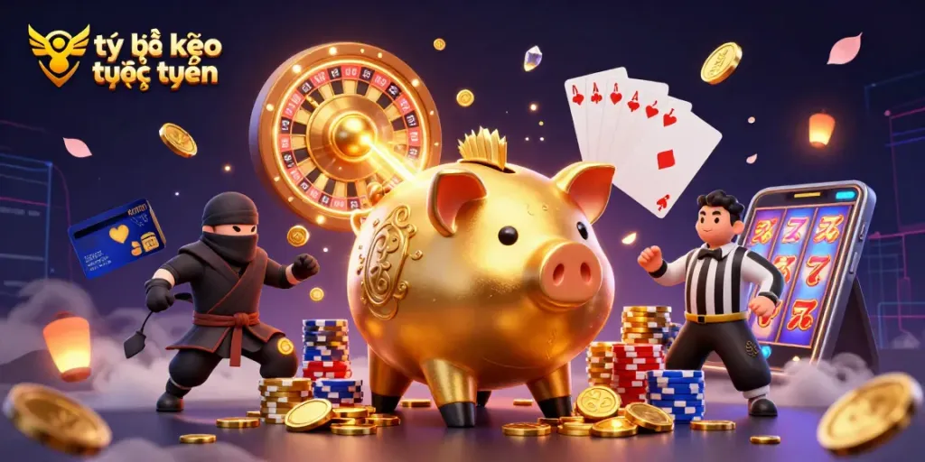 Engage in tỷ lệ kèo trực tuyến with a dynamic scene featuring a sumo wrestler, ninja, and samurai in a vibrant casino atmosphere.