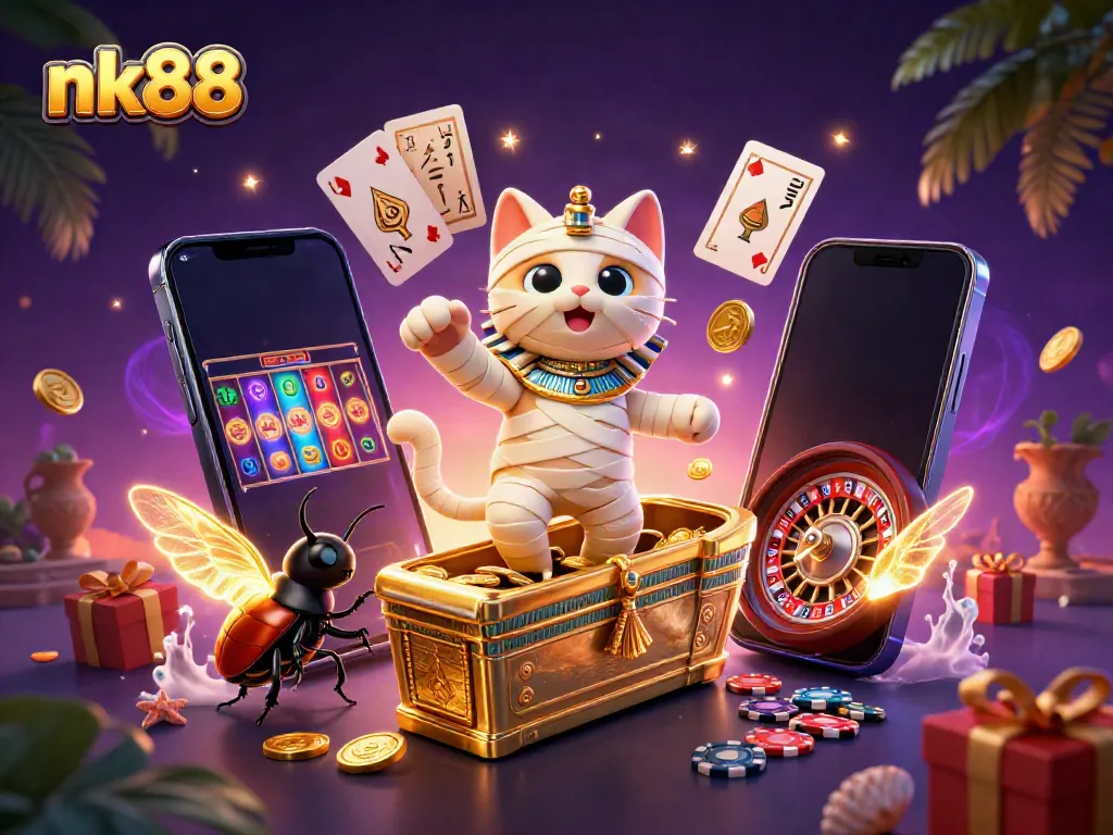 Engage in thrilling casino gameplay with nk88's captivating mummy cat and scarab heroes.