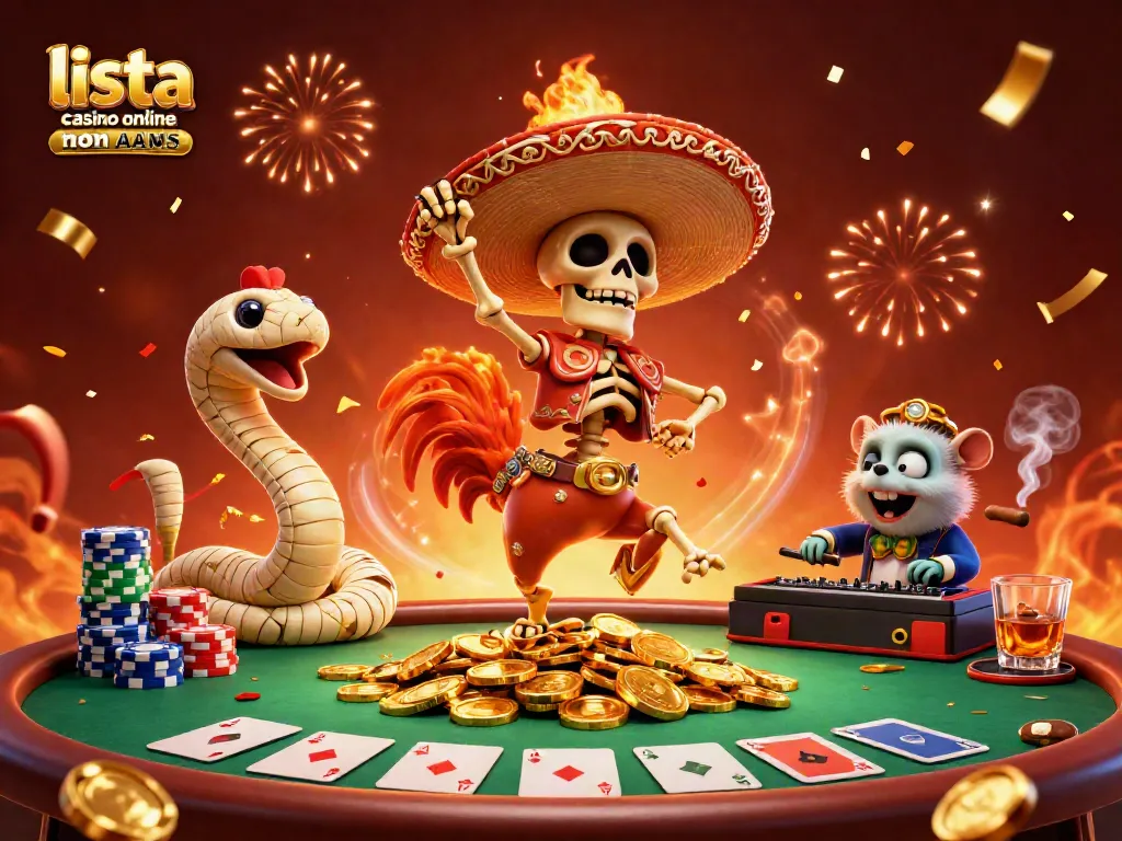 Scopri la lista casino online non AAMS con uno scheletro e un gallo danzante su monete d'oro.
