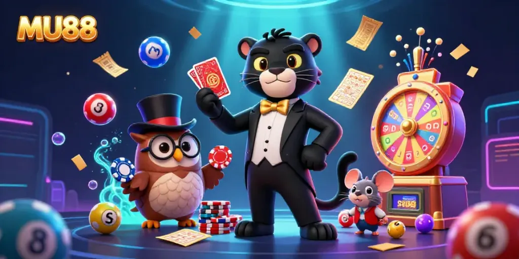 Experience the thrill of MU88 with a stylish black panther dealing cards, surrounded by colorful lottery elements.