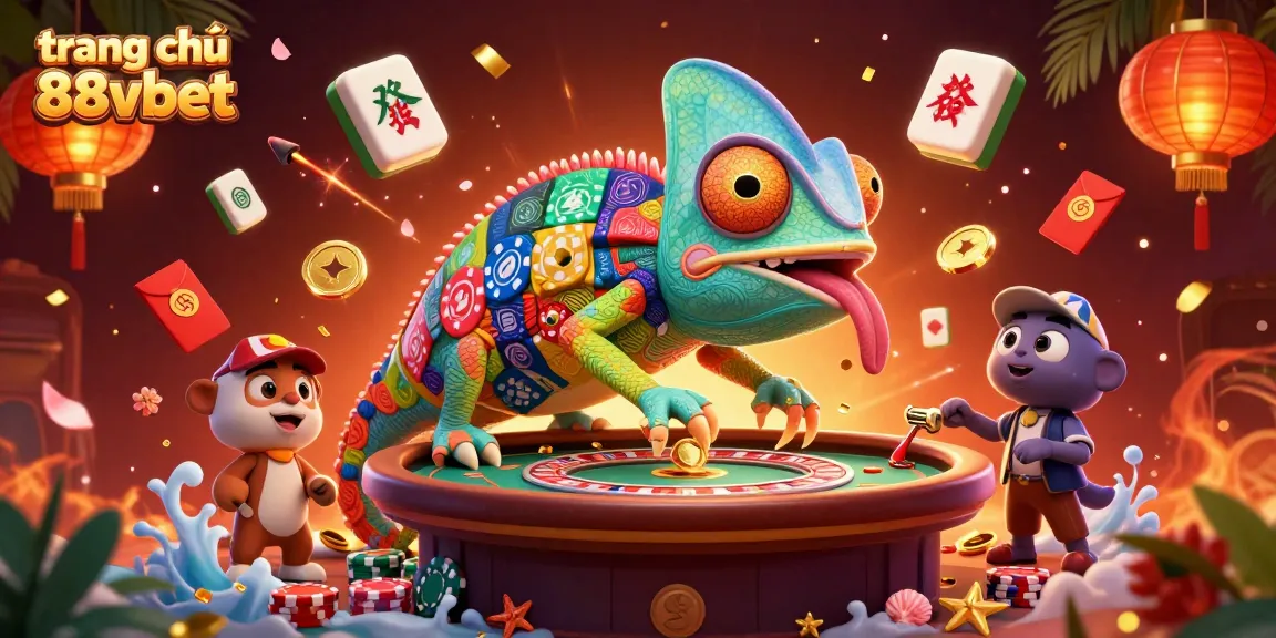 Hình ảnh trang chủ 88vbet với hình ảnh chameleon casino chủ quán đang theo dõi bàn roulette.