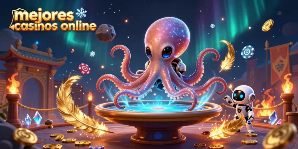 Mejores casinos online: ilustración 3D de un pulpo alienígena jugando al póker con un robot.