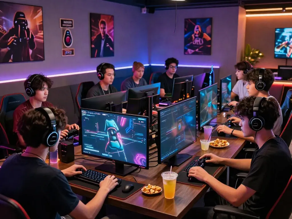 Engaging gaming session at Manclub with young men immersed in multiplayer action.