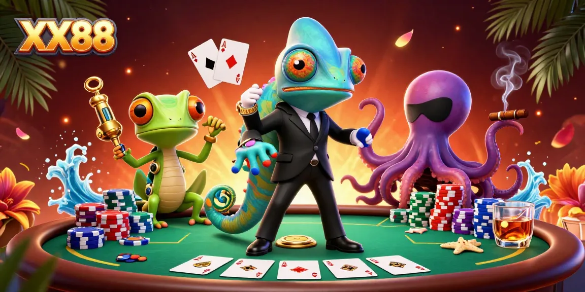 Experience the thrill of poker with XX88, featuring a vivid 3D illustration of colorful chips and characters.