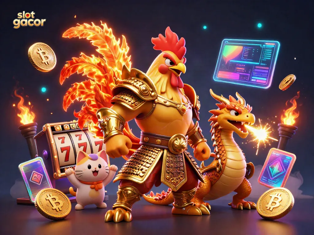 Experience thrilling slot gacor action with dynamic characters and crypto elements in an immersive 3D casino scene.