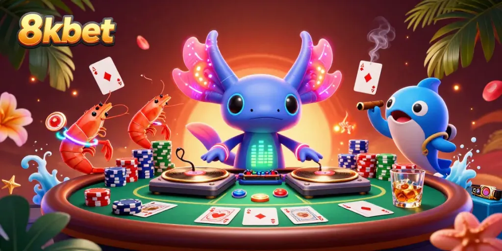 Experience immersive gambling fun with 8xbet, featuring neon characters dancing around a vibrant poker table.