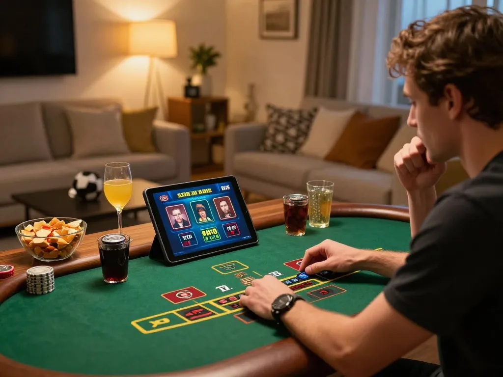 Player strategizing in a cozy living room using emailcopyguru for optimal blackjack gameplay online