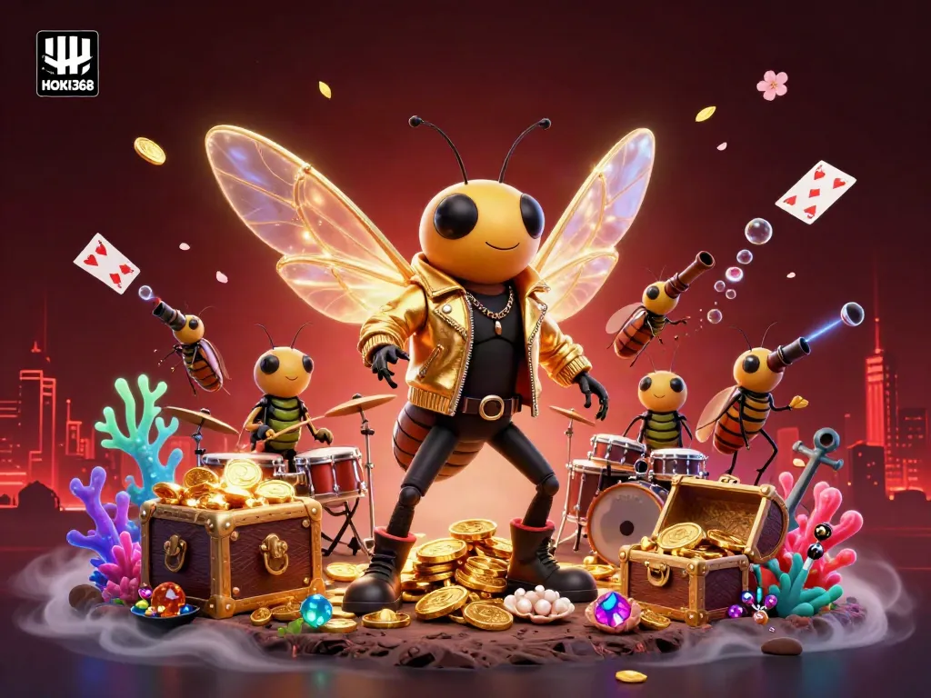 Engage in thrilling action with HOKI368, where a rock star cicada, beetle drummer, and glowing treasures illuminate excitement.