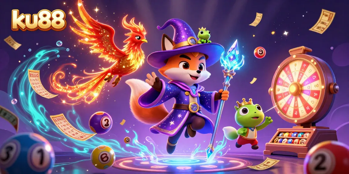 Experience luck at ku88 with a mystical-themed illustration showcasing vibrant lottery elements and magical characters.