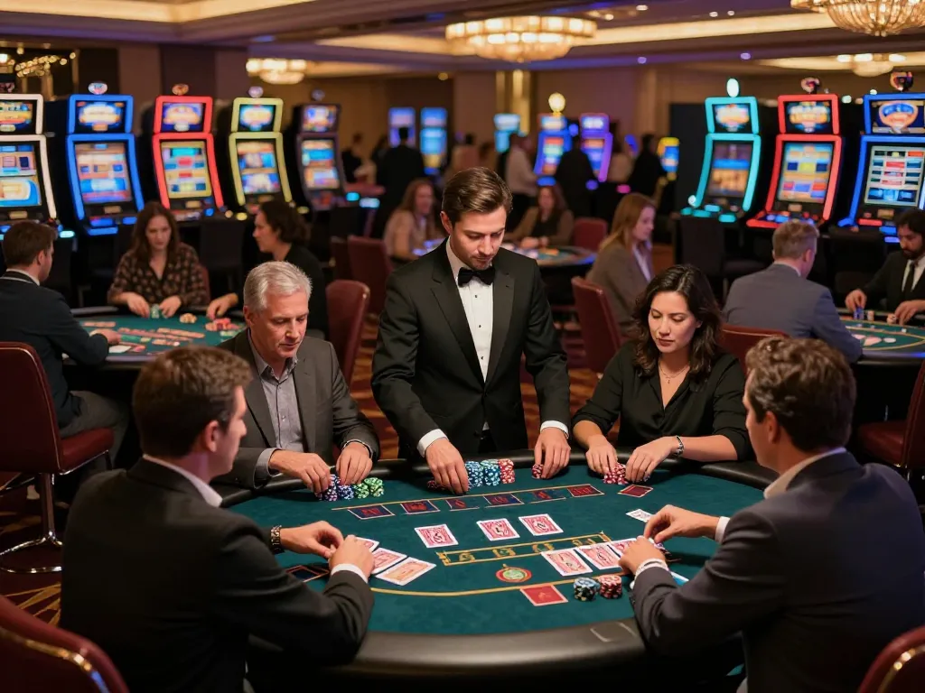 RR88 players strategizing at elegant casino tables with active gameplay and warm ambiance.