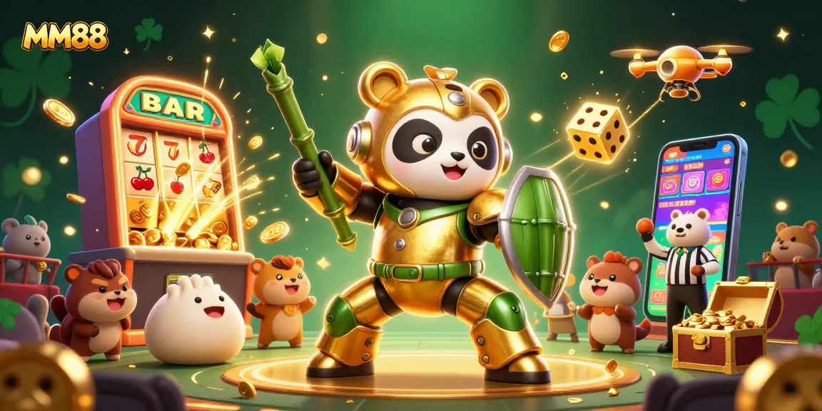 Experience excitement at MM88 with a vibrant casino scene featuring a golden panda robot amid slot jackpots.