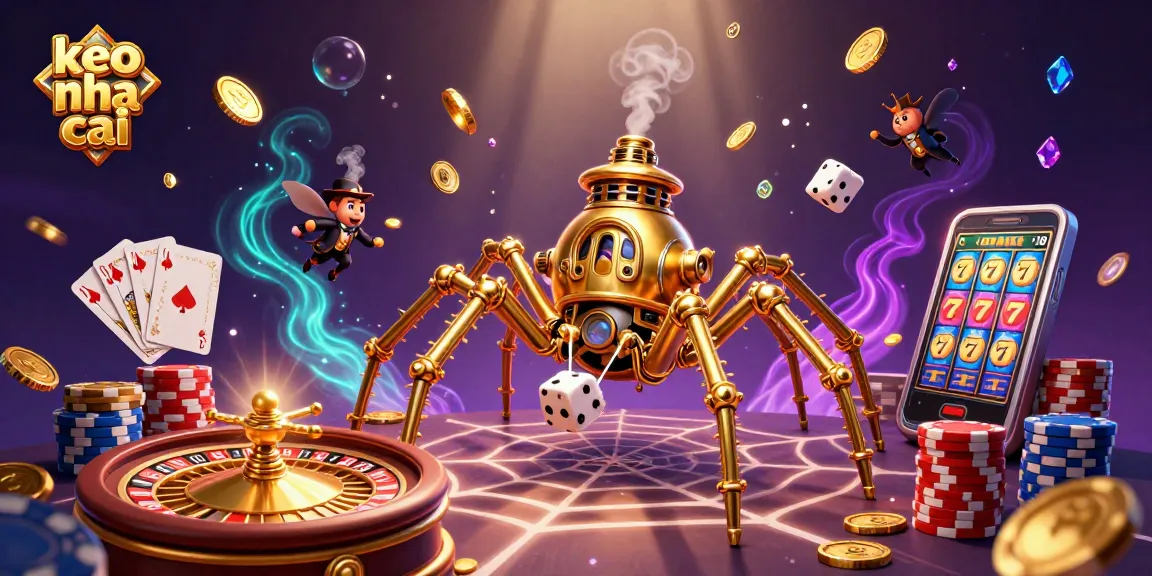Catching unlucky dice in the web of a golden spider while exploring keo nha cai betting strategies with 3D elements.