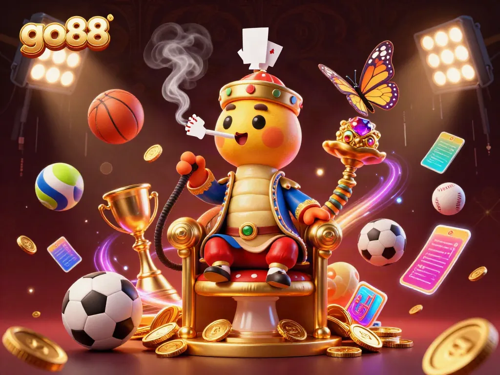 Win big with go88 at this vibrant 3D casino illustration filled with sports and gaming elements.