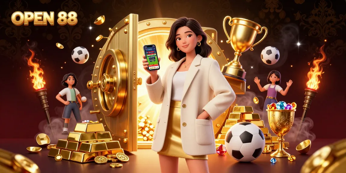Experience excitement with OPEN 88 as a beautiful woman engages in sports betting with a smartphone amidst a treasure vault.