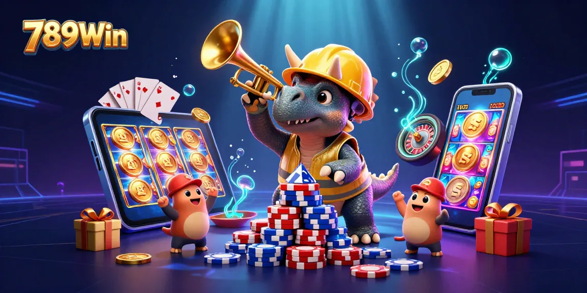 Celebrate winning at 789Win with a dynamic casino scene featuring triceratops and slot games.