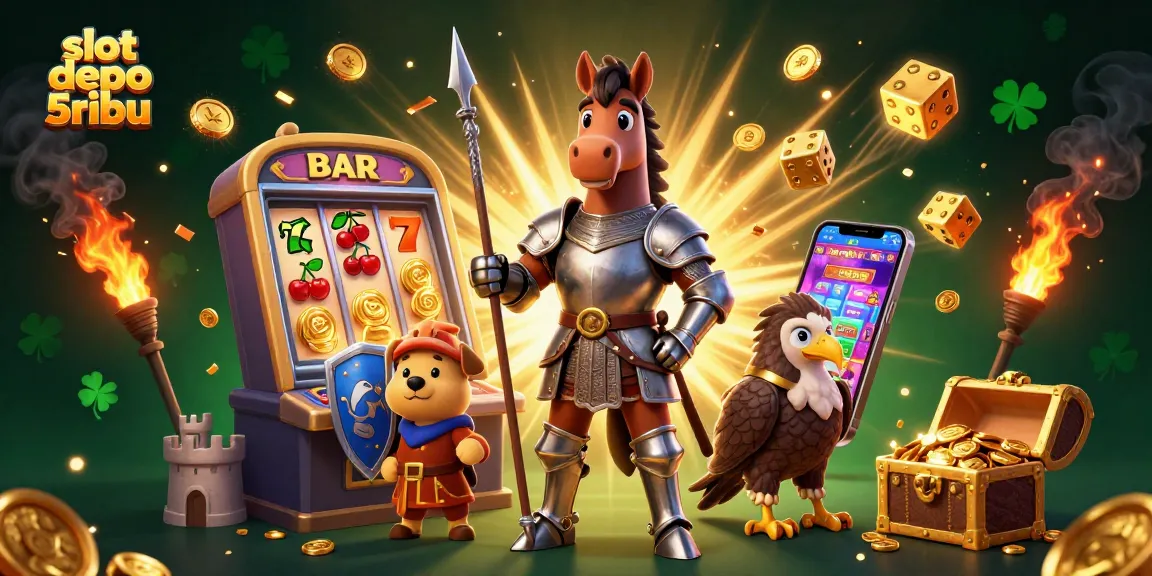 Experience the excitement of slot depo 5ribu with a vibrant 3D casino illustration bursting with dynamic game elements.