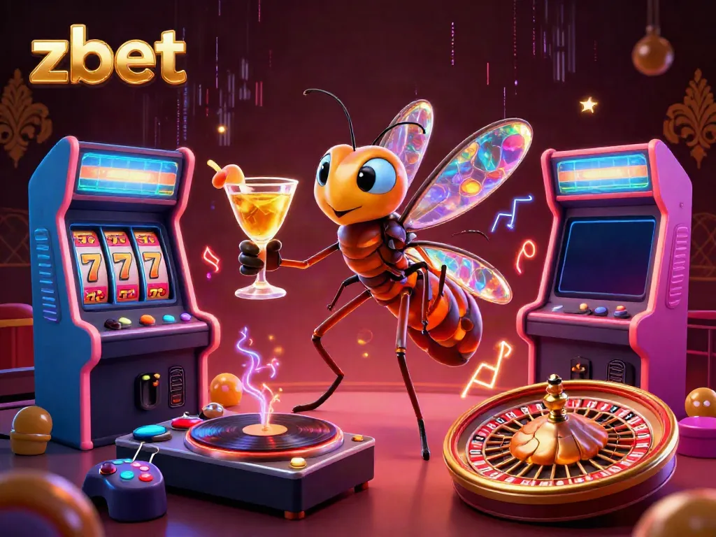 Experience exciting gaming action with zbet at a vibrant 3D casino scene featuring unique characters and machines.