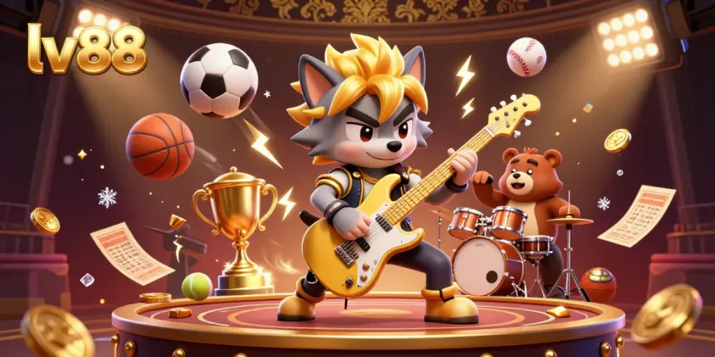 Engage with the vibrant lv88 casino stage featuring a rock star wolf and drummer bear amidst dynamic sports elements and gold coins.