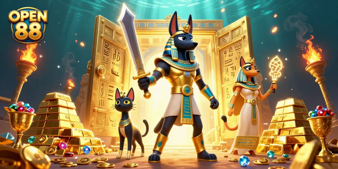 Experience thrilling gaming at OPEN 88 with Anubis and Bastet in a vibrant treasure scene.