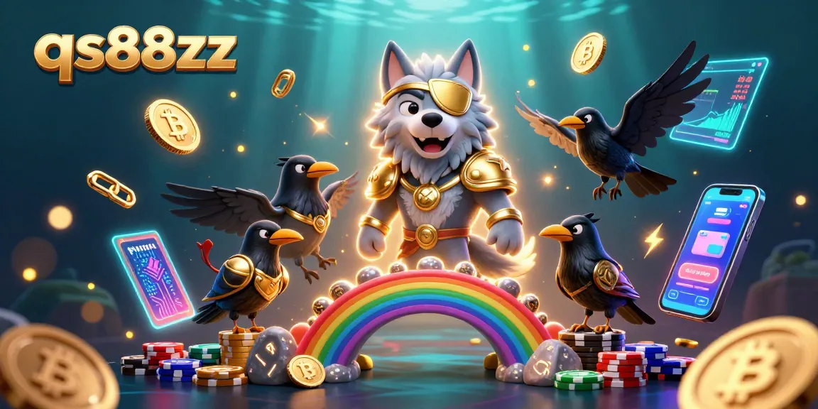 Experience the vibrant world of qs88zz with Odin the wolf and ravens, surrounded by glowing cryptocurrency and gaming elements.