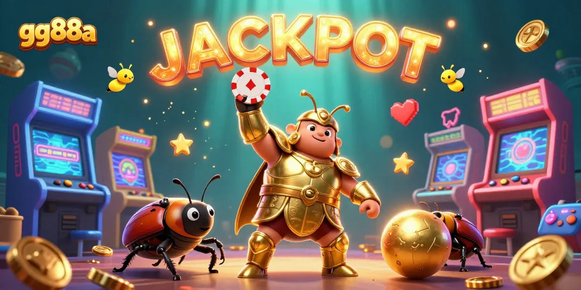 Experience the vibrant gg88a casino scene with a victorious beetle and glowing jackpot elements.