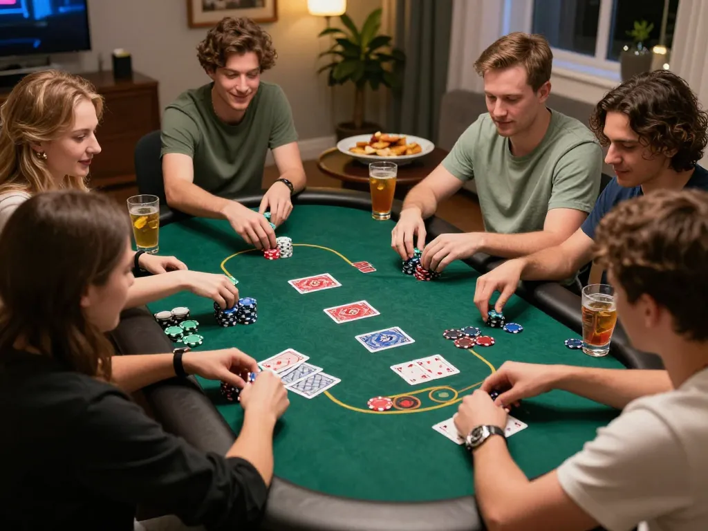 Friends enjoying a Texas Hold'em game at home with tylekeonhacai88 strategies in action.