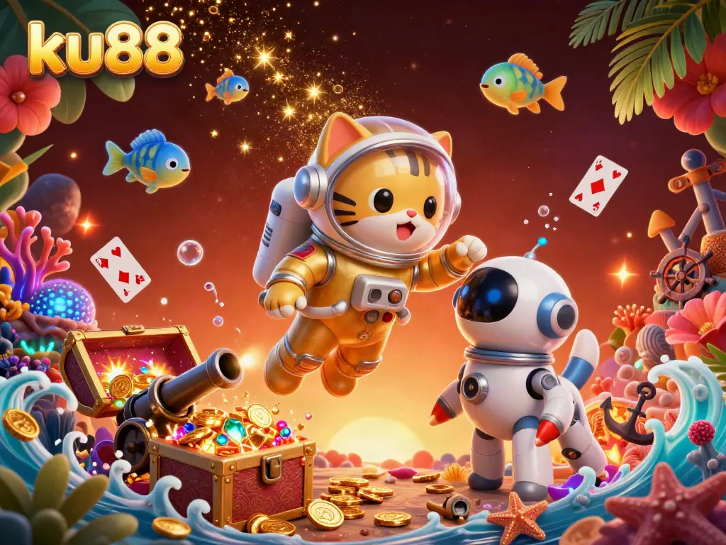 Engage with ku88’s thrilling gaming world featuring a golden astronaut cat, robot dog, and dazzling treasures.