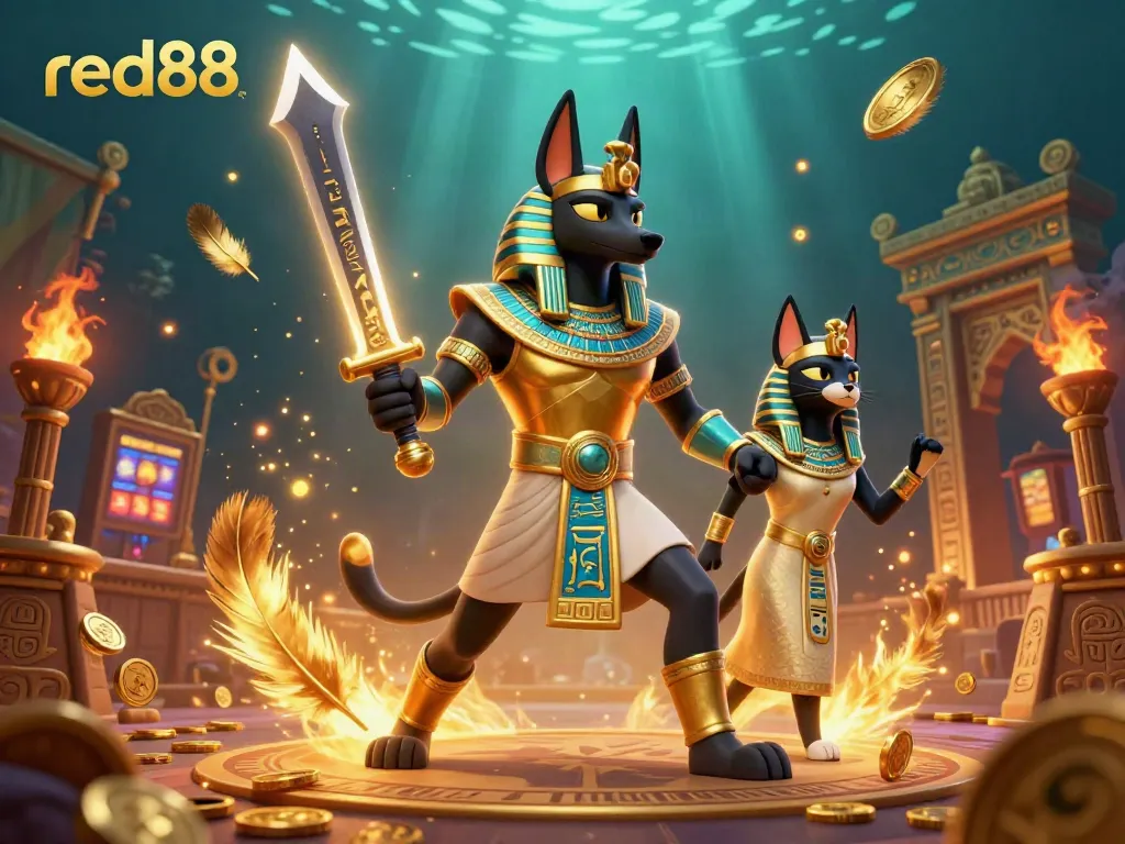 Experience thrilling jackpots at red88 with Anubis and Bastet in an immersive casino scene.