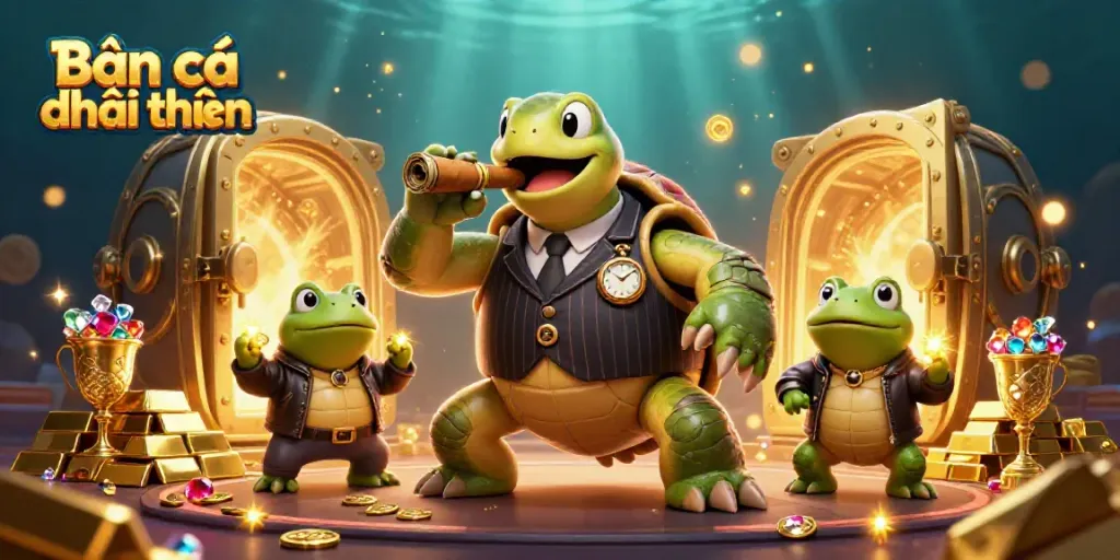 Engage in Bắn cá đổi thưởng with a vibrant underwater scene showcasing a turtle and bullfrogs amidst treasures.