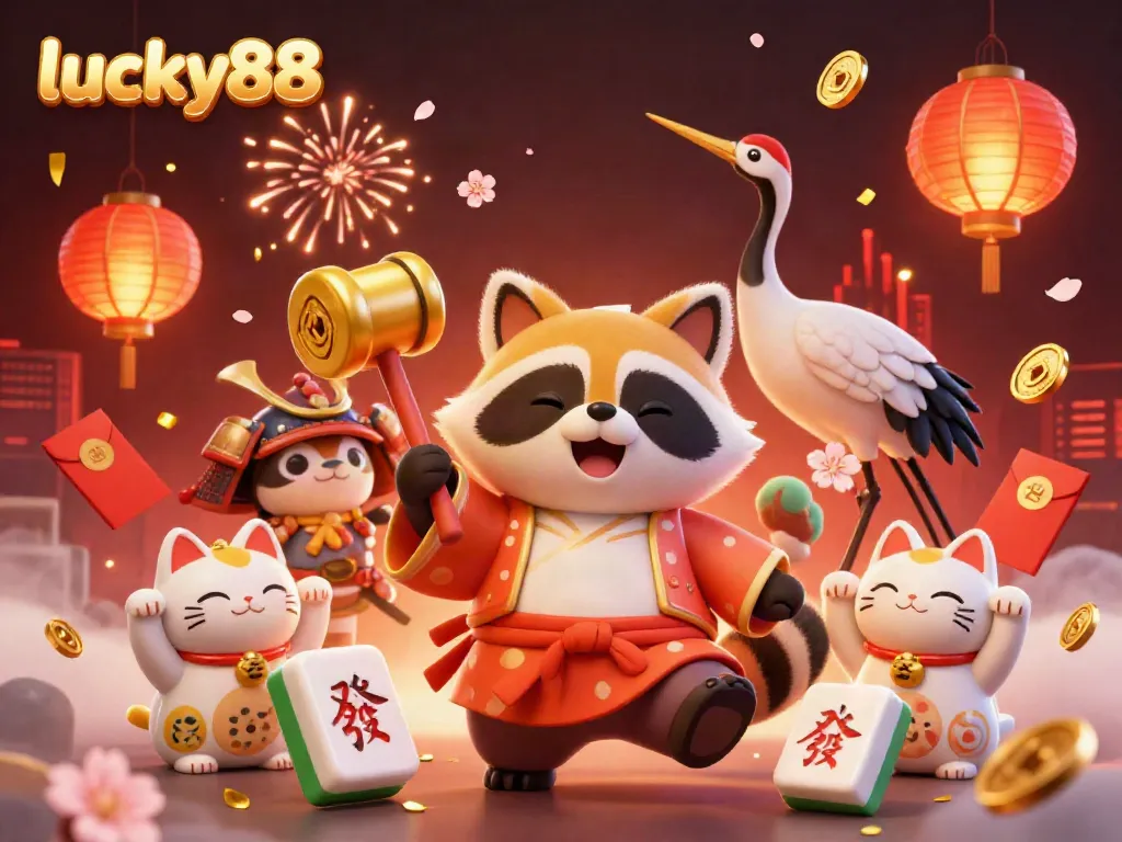 Engage with luck and fortune at lucky88 amidst vibrant 3D illustrations of a tanuki with lanterns and joyful cats.