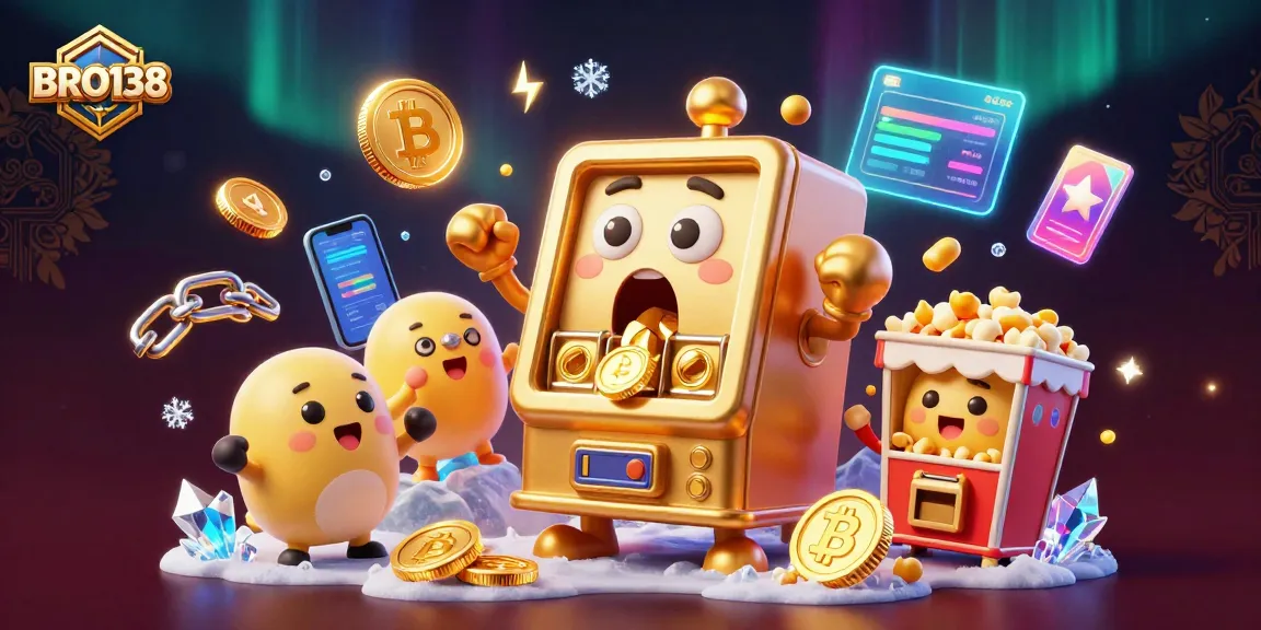 BRO138 slot machine shocked by a jackpot with cheering baby slots, featuring vibrant crypto elements.