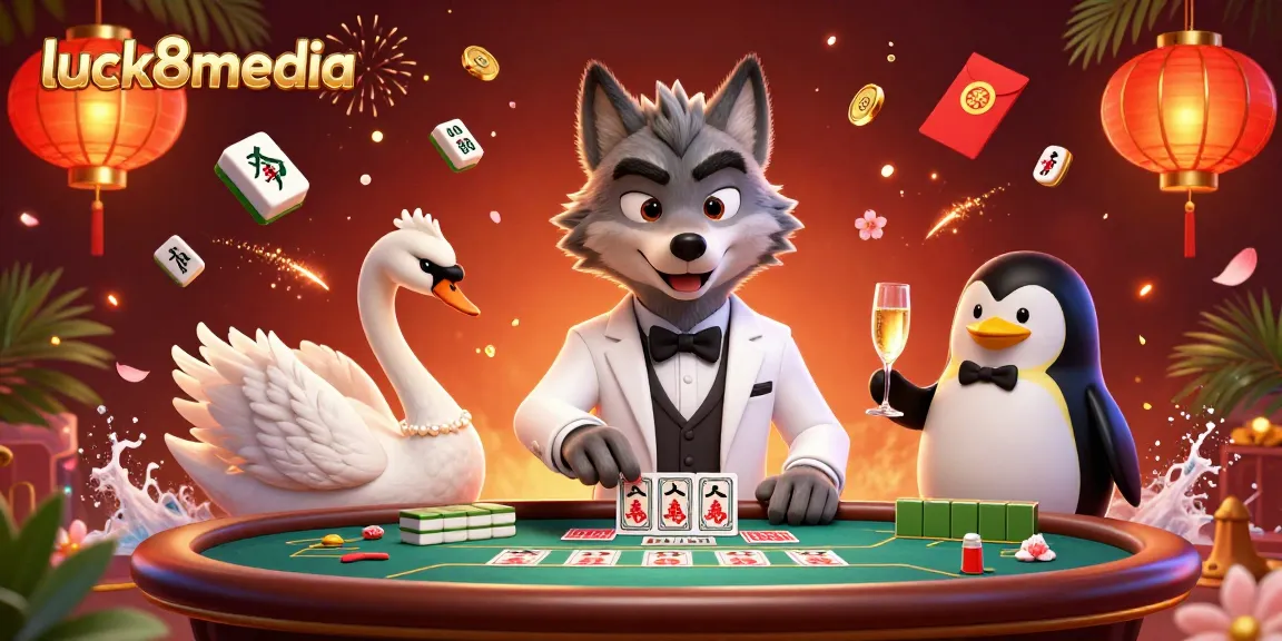Experience excitement with luck8media at a vibrant baccarat table surrounded by lively casino elements.