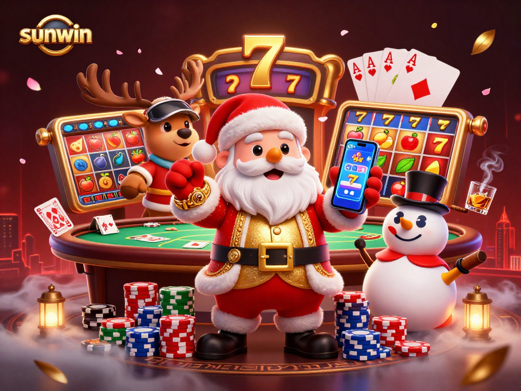 Experience thrilling wins at sunwin with Santa Claus, a reindeer dealer, and a poker chip snowman.