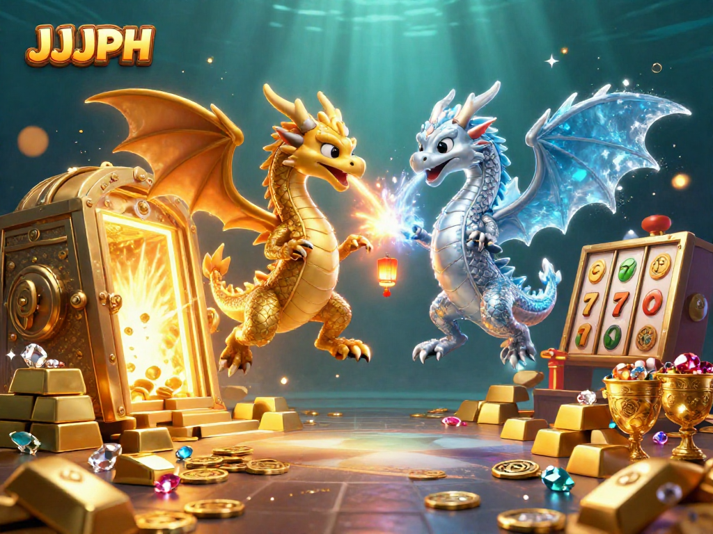 Engage with JJJPH as twin dragons and treasure burst from a captivating casino scene.