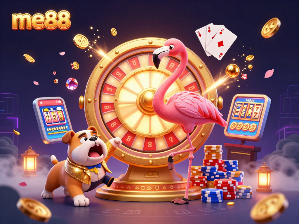 Engage with me88's thrilling casino action featuring vibrant characters, slot reels, and golden rewards.