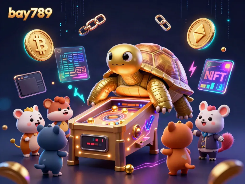 Experience thrilling games with bay789's dynamic casino scene featuring crypto elements and a colossal tortoise.