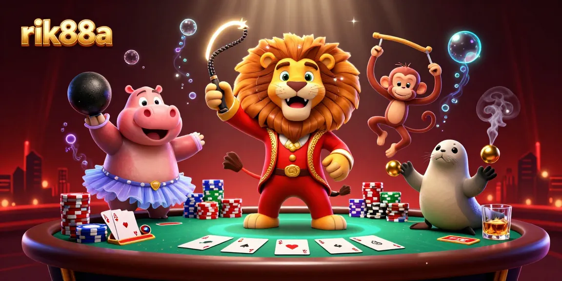 Bet at rik88a with vibrant casino characters in a thrilling poker scene featuring colorful chips and cards.