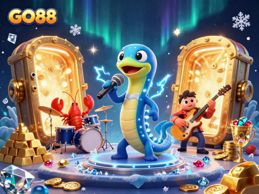 Experience the excitement of GO88 with a lively underwater casino party featuring a DJ eel, lobster drummer, and seahorse guitarist.