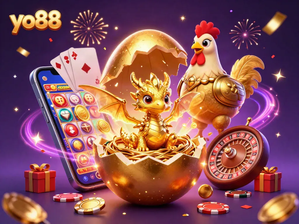 Win big with yo88 as a golden dragon emerges from a giant egg amongst colorful casino elements.