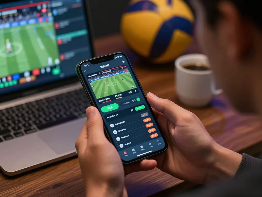 Person engaging with Bongdallu sports betting app in a lively home setting.