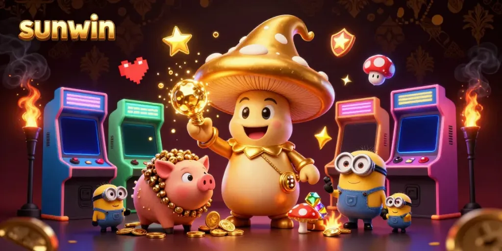 Enter the magical world of sunwin, featuring a golden mushroom wizard and treasure-hunting pig in an exciting casino scene.