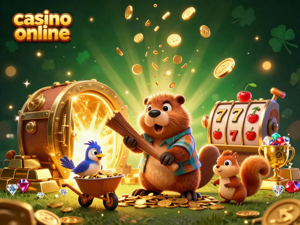 El casino online presenta a un castor leñador 3D recolectando monedas doradas mientras juega.