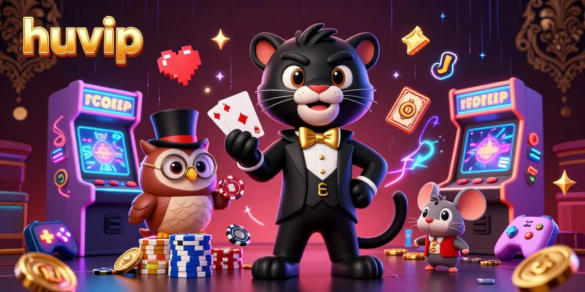 Huvip's stylish panther deals cards in an exciting casino scene, showcasing lively gambling action.